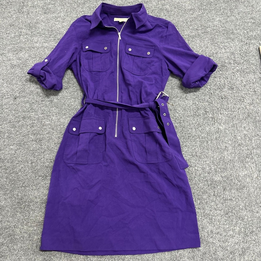 Michael Kors Dress Womens Size M Purple Viscose Zip Front Belted Utility Pocket